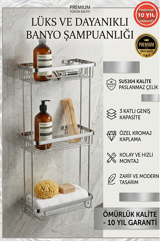 Chrome Stainless Steel Sus304 Quality Taci 3-Piece Shampoo Dispenser Bathroom Shelf