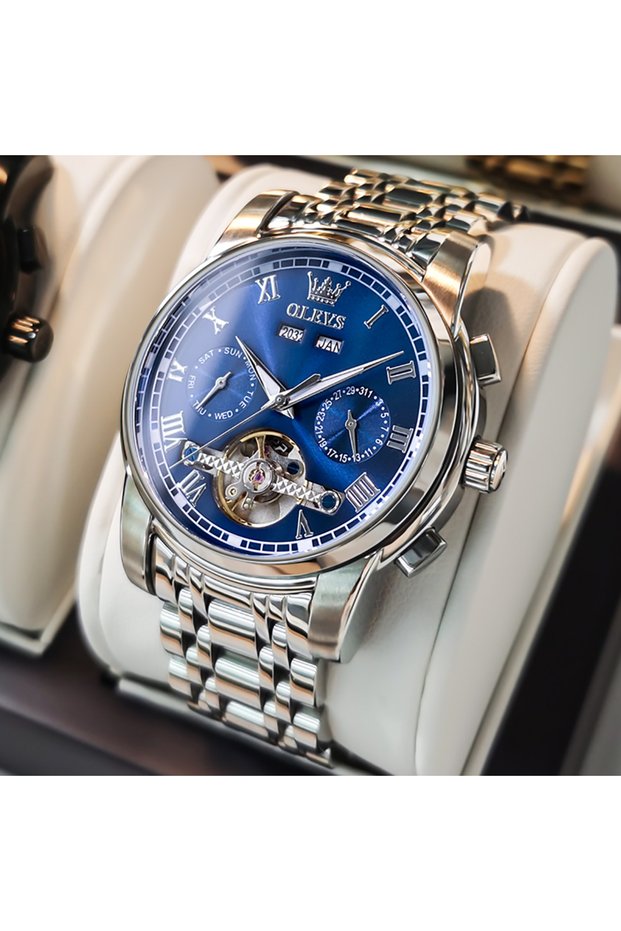 Silver blue face OLEVS Men's Watches Automatic Mechanical Business Wristwatch Waterproof Stainless S