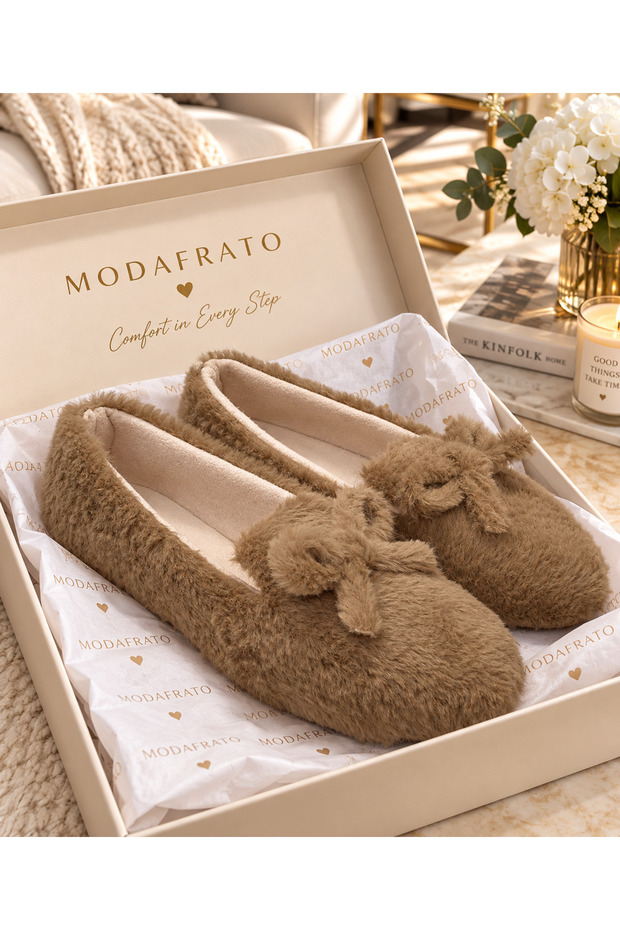 Br-33 Women's Home Slippers with Bow, Winter Wool Inside, Home Shoes, Slippers, Dowry Bundle, Promise Engagement Shoes