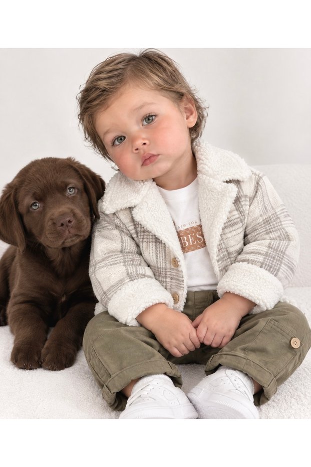Montlu Suit Lumberjack Fur Inside Teddy Bear Printed Badi Lycra Gabardine Trousers 3-Piece Winter Baby Boy/