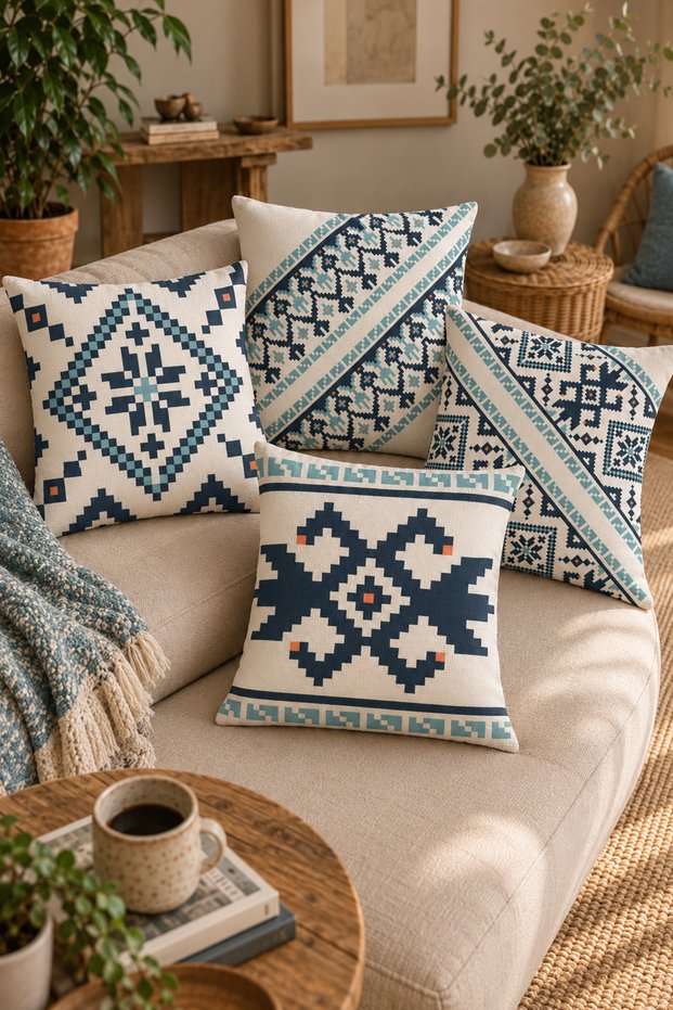 Set of 4 Double-Sided Digital Printed Blue and White Pattern Pillow Case Throw Pillow Set – Zippered, 43X43 cm