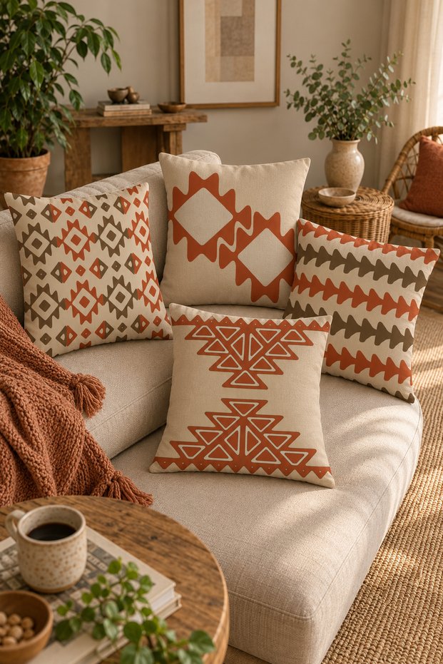 Set of 4 Double-Sided Digital Printed Ethnic Patterned Pillow Cases Throw Pillow Set – Zippered, 43X43 cm
