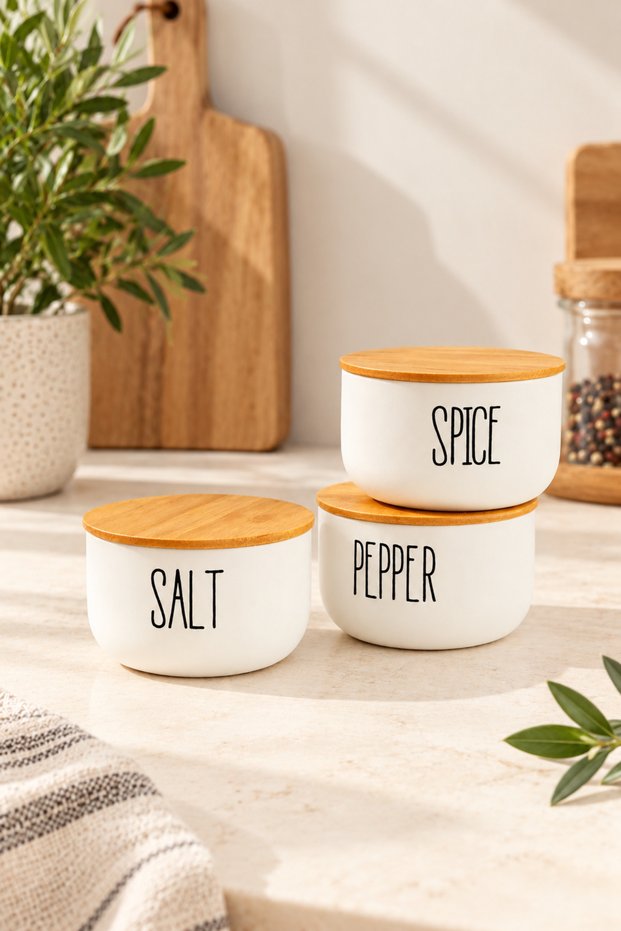 3-Piece Glass Salt/Pepper/Spice Jar with Bamboo Lid