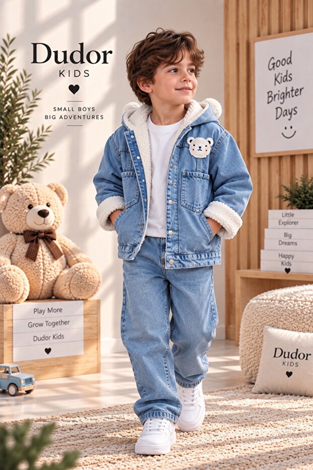 Boy's Hooded Blue Thick Denim Coat