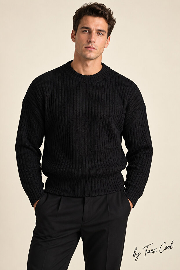 Men's Black Regular Crew Neck Knitwear Sweater