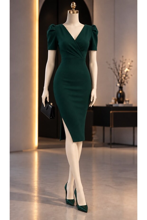 Double Breasted Collar Side Slit Dress 582907 Zumrut