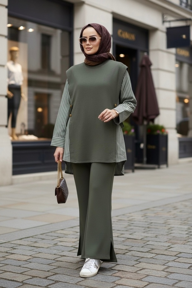 Liora Women's Two-Piece Hijab Set – Cotton Two-Thread Shirt with Detailing - Dark Khaki Green