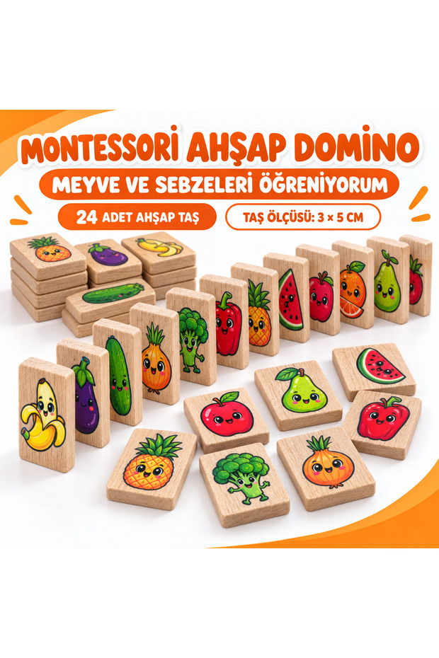 Montessori Wooden Domino Game 24 Pieces Patterned Educational Game Ages 4+