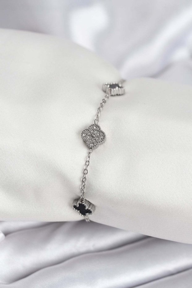316L Steel Silver Color Black and Zircon Stone Baby Boy Clover Women's Bracelet