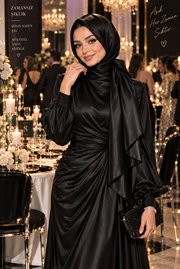 Chiffon Satin Lycra Black Non-Slip Shawl, Shiny Surface Silky Touch