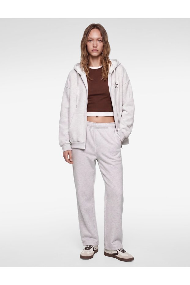 Embroidered Zippered Hooded Sweatshirt with Raised Long Sleeves and Kangaroo Pockets