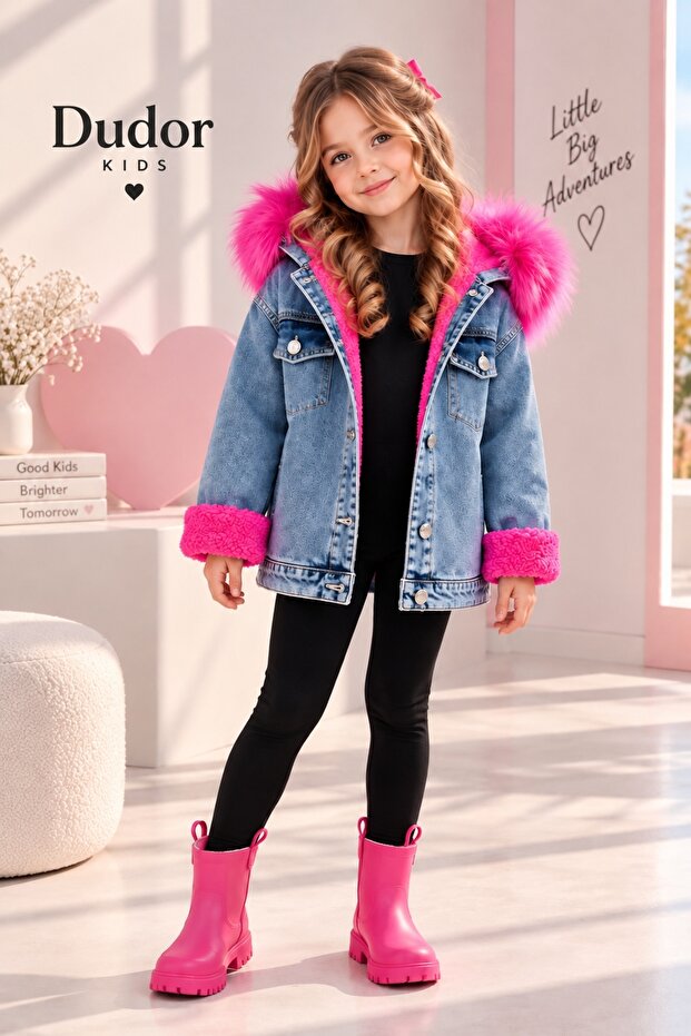 Girl's Removable Fuchsia Pink Fur Hooded Blue Thick Denim Coat