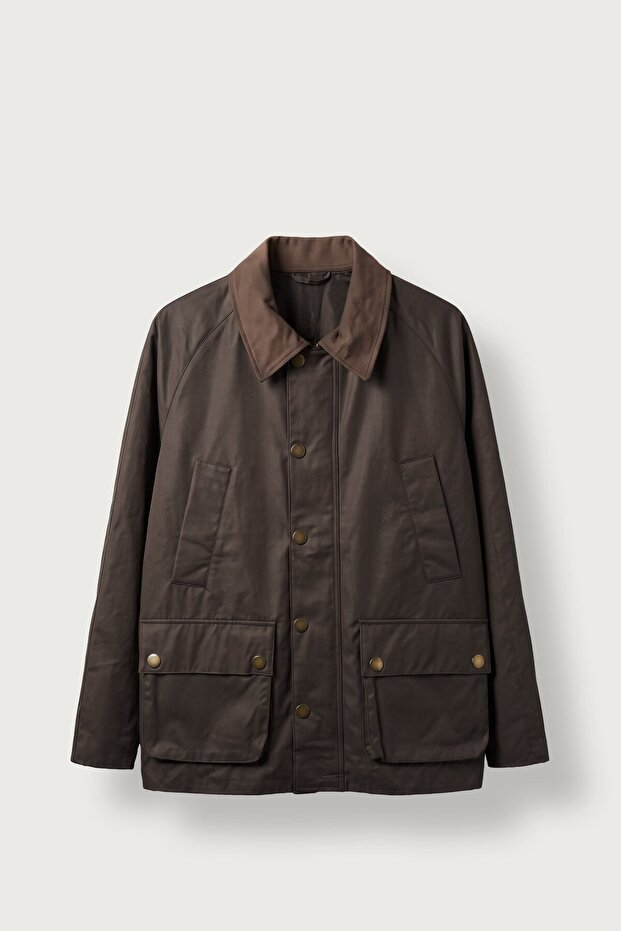 Men's relaxed fit waxed jacket with contrast collar - brown