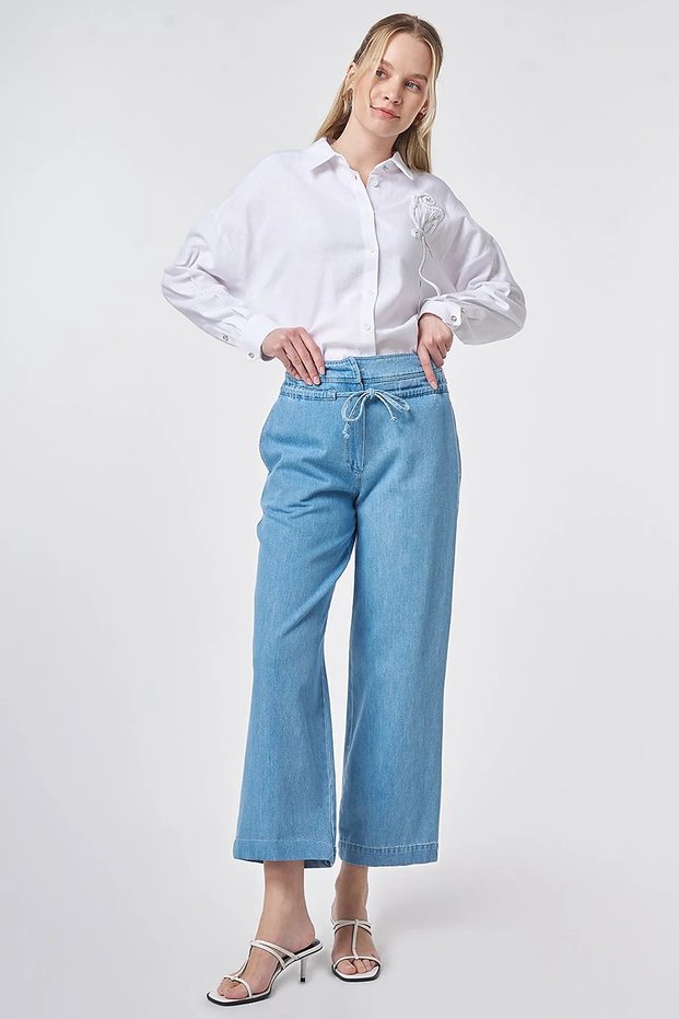 High Waist Washed Trousers Blue