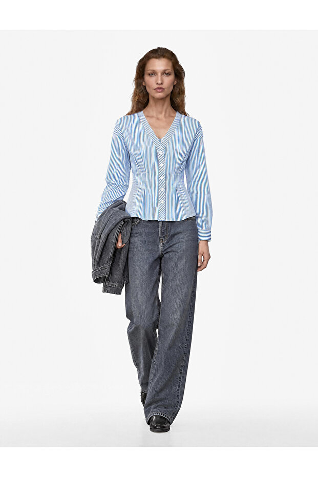 Cotton Long Sleeve V-Neck Buttoned Waist Accented Pleated Striped Shirt