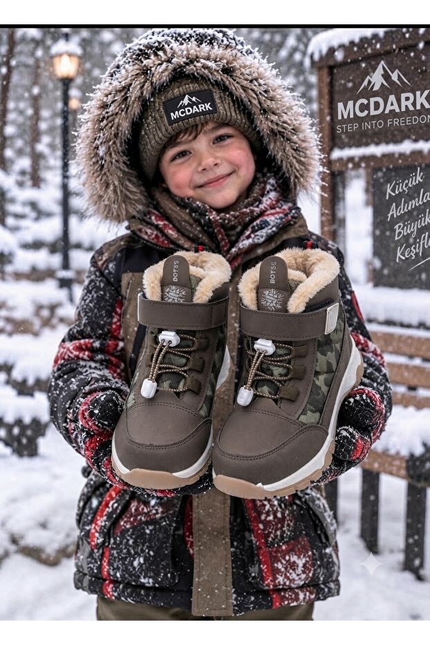 Children's Velcro and Elastic Laced Fur Non-Slip Flexible Light Sole Boots-Brown