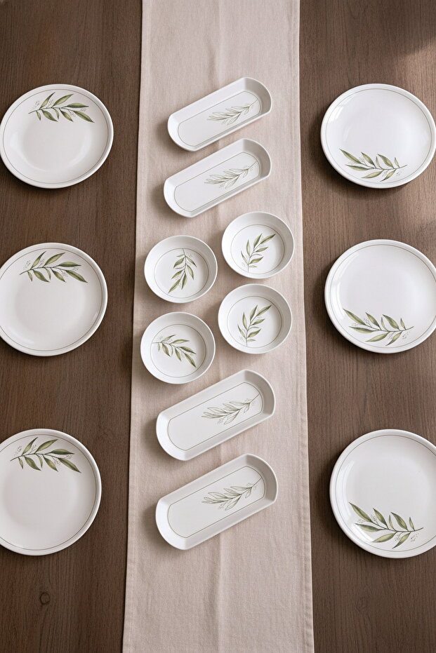 Botanical Green Camellia Leaf Patterned Luxury Ceramic 14 Piece Breakfast Set for 6 People