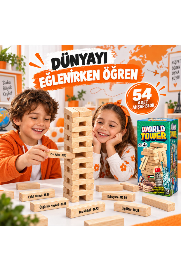 World Tower Knowledge Educational 54 Piece Balance Game Penal Jenga