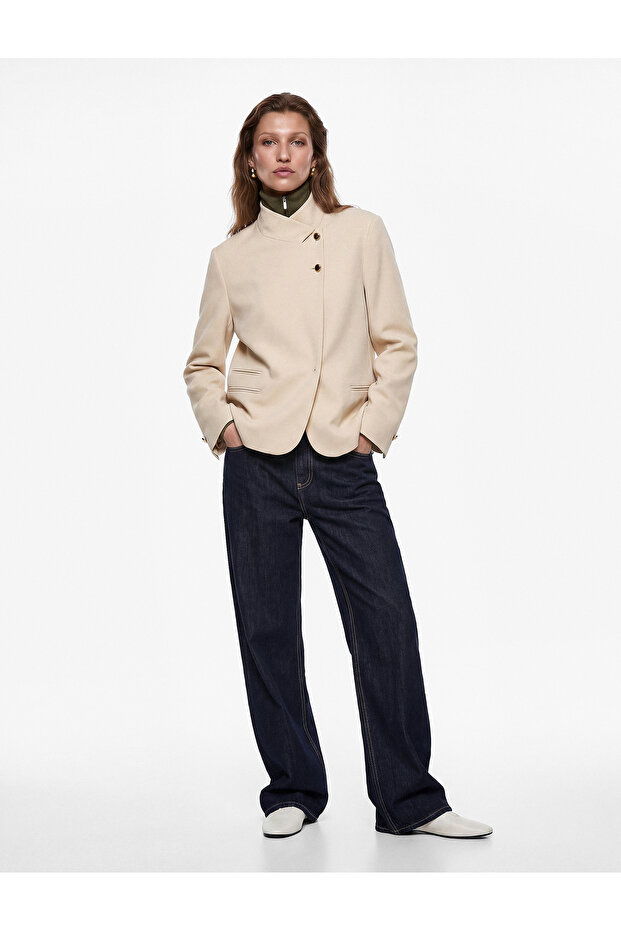 High Collar Long Sleeve Metal Buttoned Double Breasted Blazer Jacket with Pockets