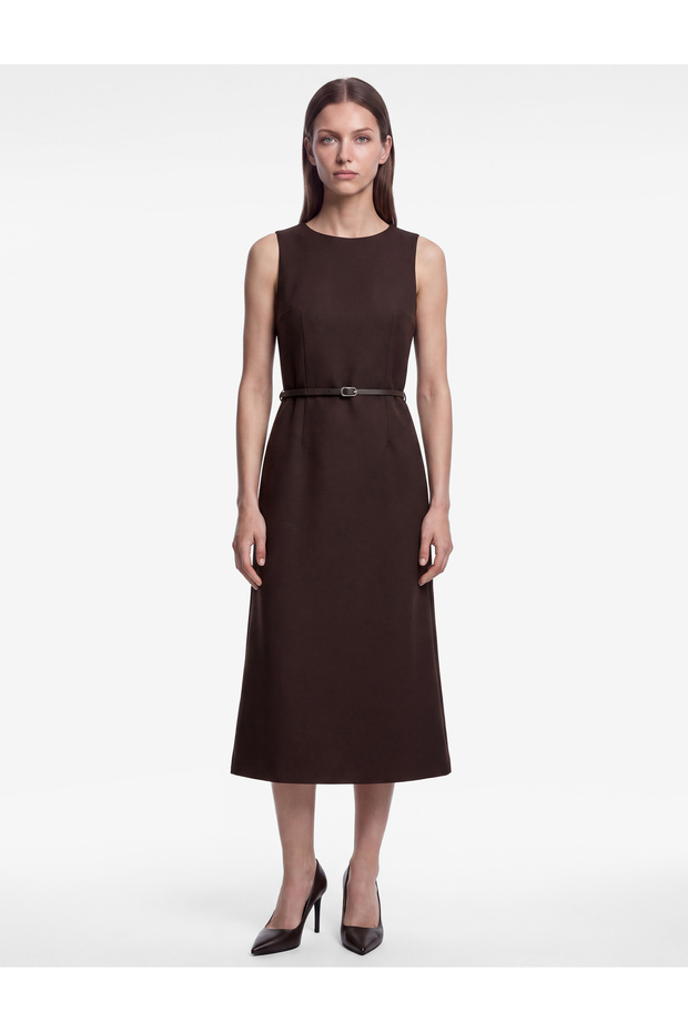 Belted A-Line Crew Neck Sleeveless Long Dress