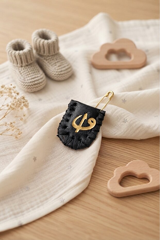 Elif Vav Decorated Black Leather Handmade Baby Cevşen - Tybezyib1774