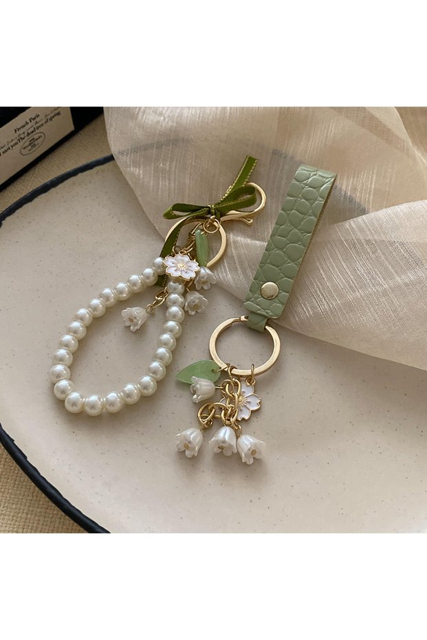 set Lily of The Valley Flower Leather Keychain for Women Korea Fashion Sweet Key Chains Green Fairyc