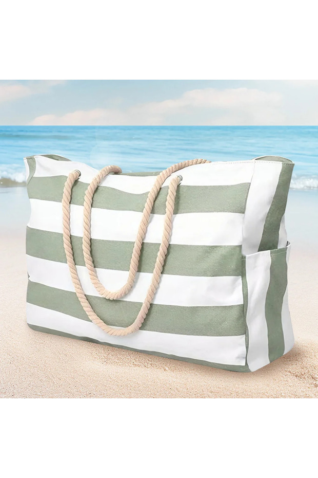 Green Striped Zipper Beach Bag Large Beach Tote Bag Waterproof Sandproof Swim Pool Canvas Bag with Z