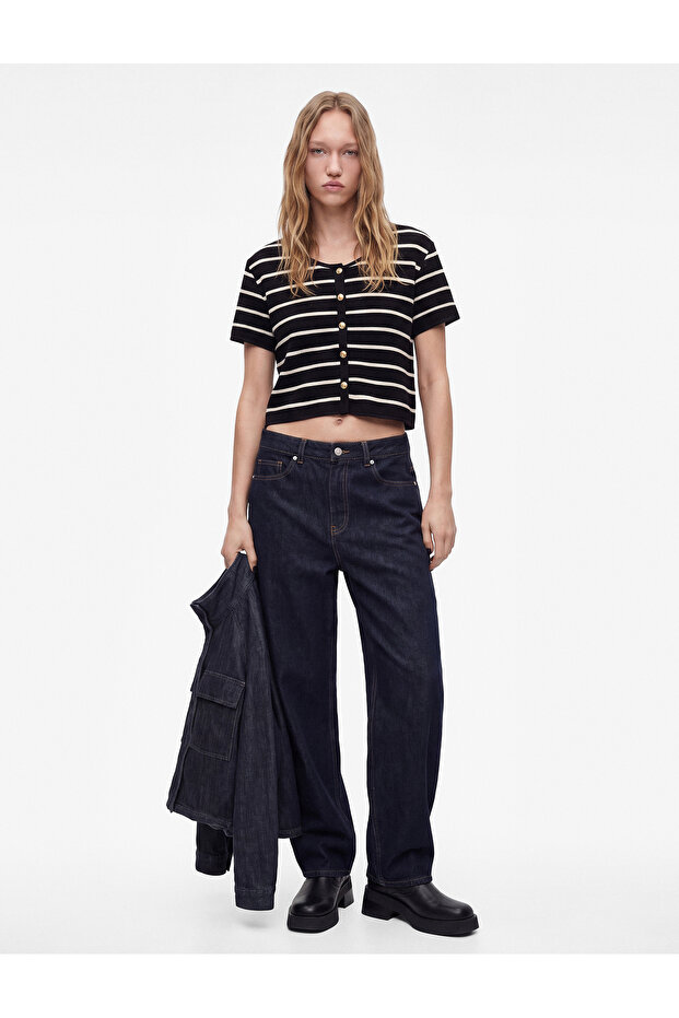 Metal Button Crew Neck Short Sleeve Striped Blouse