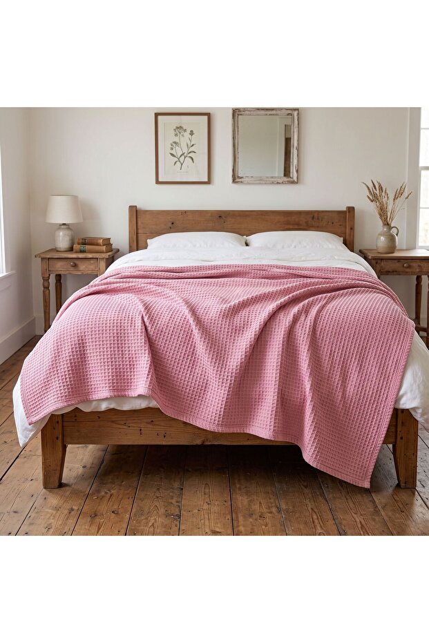 Waffle Pike and Bedspread, Powder Double Waffle Pike, Cotton Lightweight and Breathable for All Seasons, Decorative Bedspread - 200X230Cm