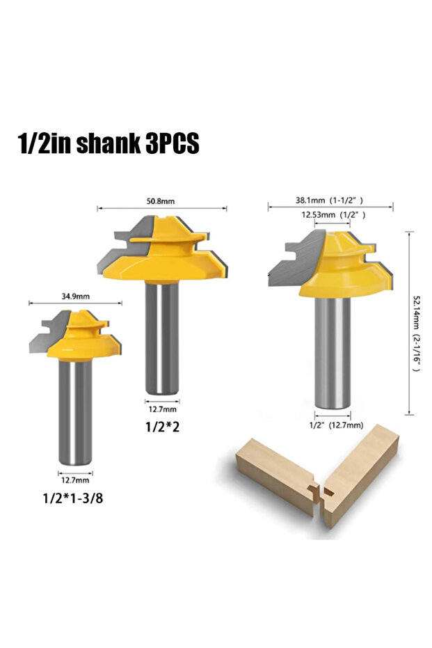 12.7mm 3pcs 6mm 6.35mm 8mm 12mm 12.7mm 45 Degree Lock Miter Router Bit Woodworking Milling Cutter Fo