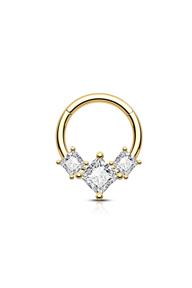 Gold2 ( 1PC) Cubic Zirconia Flower Hinged Segment Nose Ring piercings Stainless Steel Nose Hoop Sept