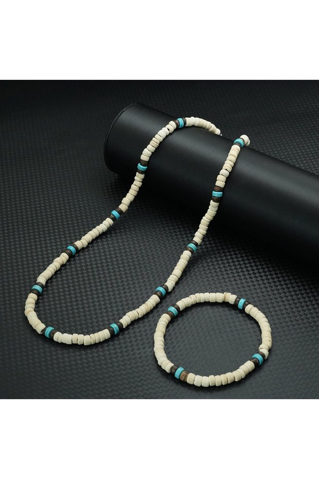 White Stylish 2Pcs Wooden Beaded Bracelet Necklace Set Men Natural Coconut Shell 50cm Neck Joias Hol