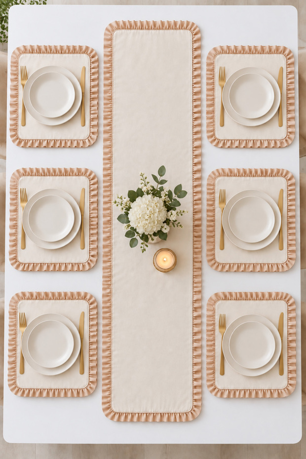 Ruffled Runner and American Service Set – 7 Piece Beige Tablecloth & Placemat Set