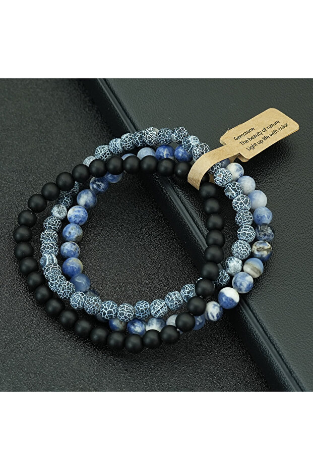 CrackBlueOnyx Hiphop Rock 3Pcs/Set 6mm Stone Beaded Bracelet Man Mix Color Beads Elastic Meditation