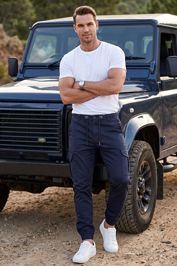 Men's Slim Fit Lycra Navy Blue Cargo Jogger Pants – Drawstring Waist Elasticized Cuffs 1601569