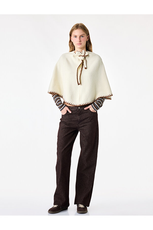 Wool Blend Contrast Piping Scarf Collar Tie Oversized Knitwear Poncho