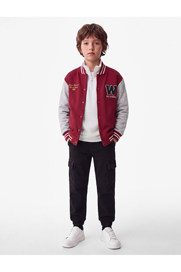 Embroidered Pocketed Cotton V-Neck Long Sleeve College Jacket