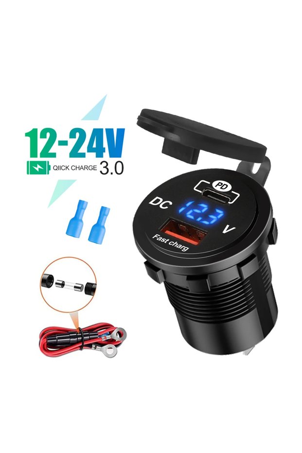 PD QC with wire 1SET 60W PD QC3.0 Car Charger Socket with Voltage Meter Quick Charge 3.0 Socket Powe