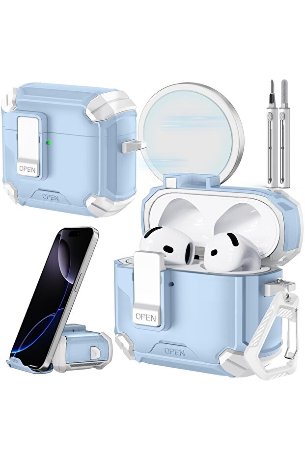 For Airpods 4 Case Sky Blue For AirPods 4/Pro 3 Case with Phone Stand & Cleaner Kit Compatible with