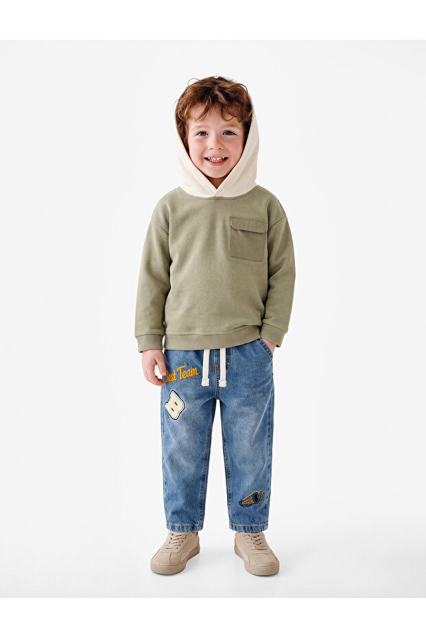 Cotton Crew Neck Long Sleeve Hooded Sweatshirt with Flap Pockets