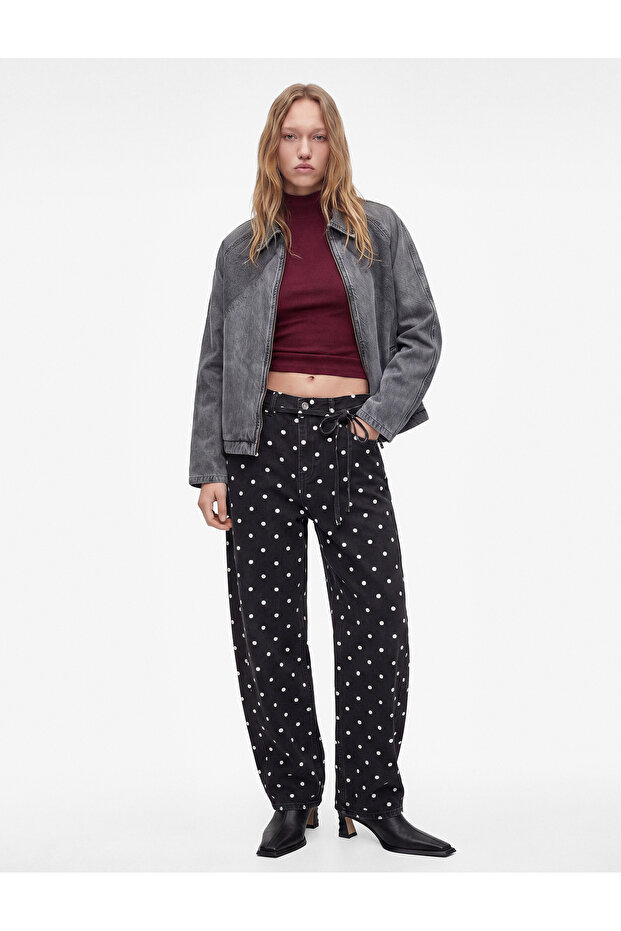 Comfortable Fit Cotton Polka Dot Patterned Barrel Pants with Belt - Barrel Jeans