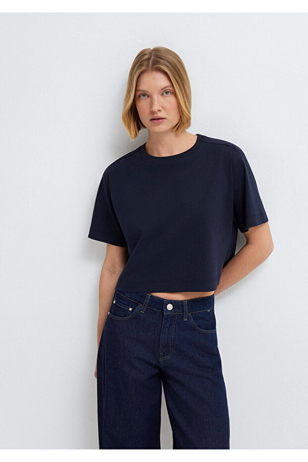Navy Blue Basic Crop T-Shirt / Short Cut 1613910-86623