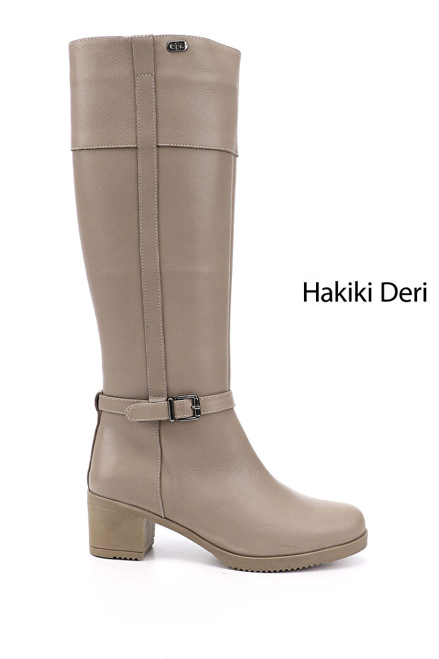 Women's Beige Zippered Thick Heeled Genuine Leather Boots