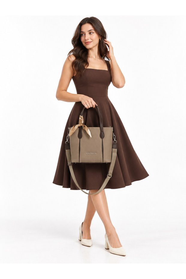 Women's Sand-Brown Scarf Detailed Medium Size Hand and Shoulder Bag-Bd6086Bd