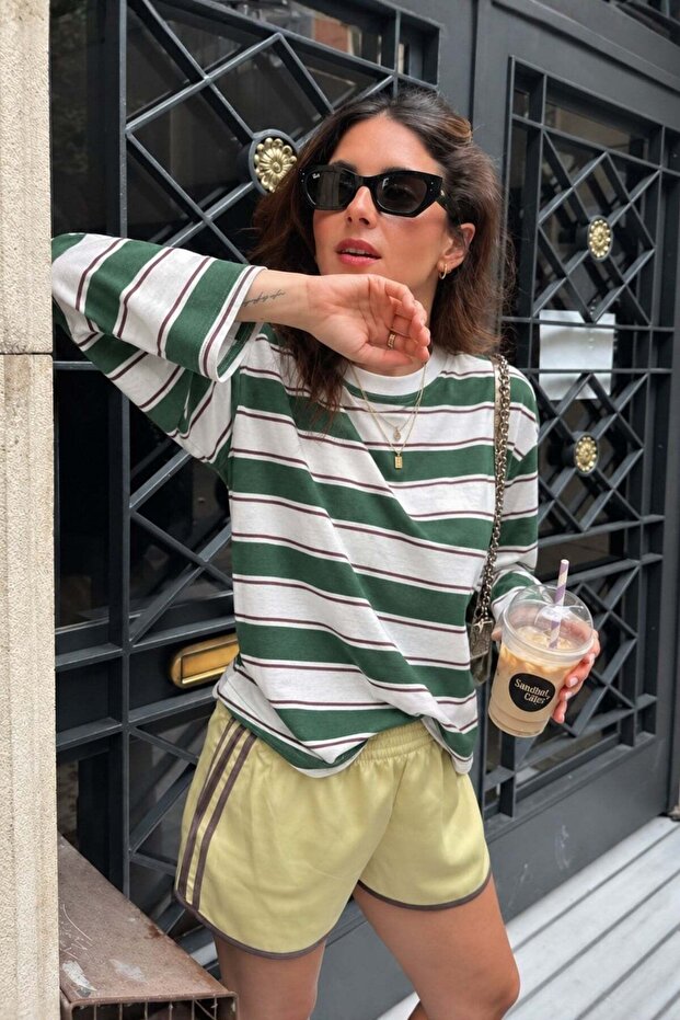 Khaki Crew Neck 100% Cotton Striped Long Sleeve T-Shirt Mg2362