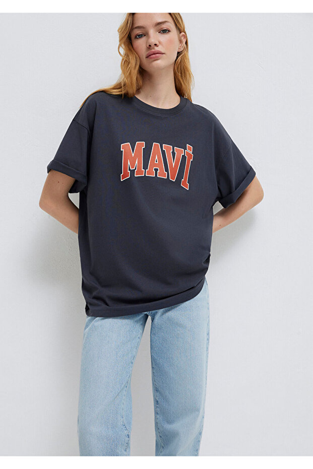 Logo Printed Gray T-Shirt Oversize / Wide Cut 1600843-82185