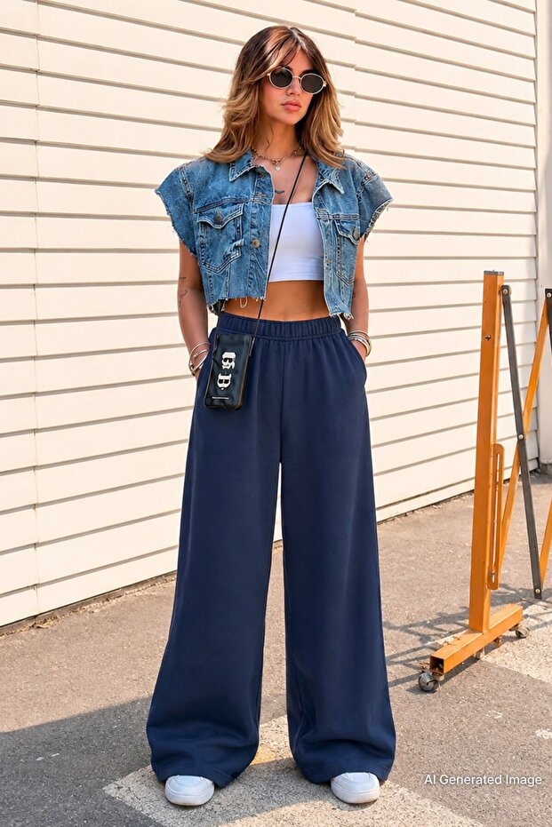 Navy Blue Wide Leg Women's Sweatpants Mg2279
