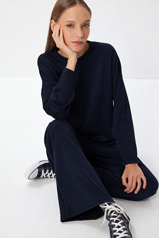 Comfortable Flexible Modal Top and Bottom Set Lby0007 Dark Blue