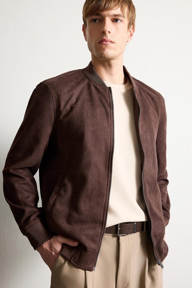 Slim Fit College Collar Bomber Suede Brown Men's Coat A3866Ax/Bn192