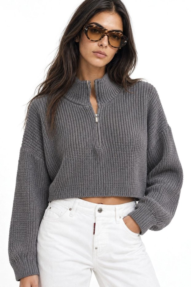 Mixray Textured Long Sleeve Zipper Collar Sweater